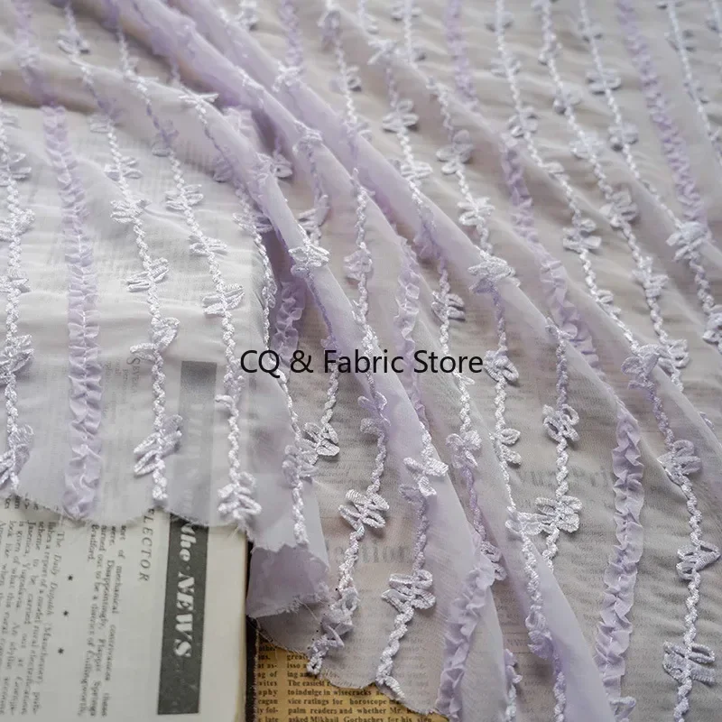 Soft Candy Color Striped Embroidered Chiffon Fabric For Spring And Summer Women's Clothing Dress By the meter