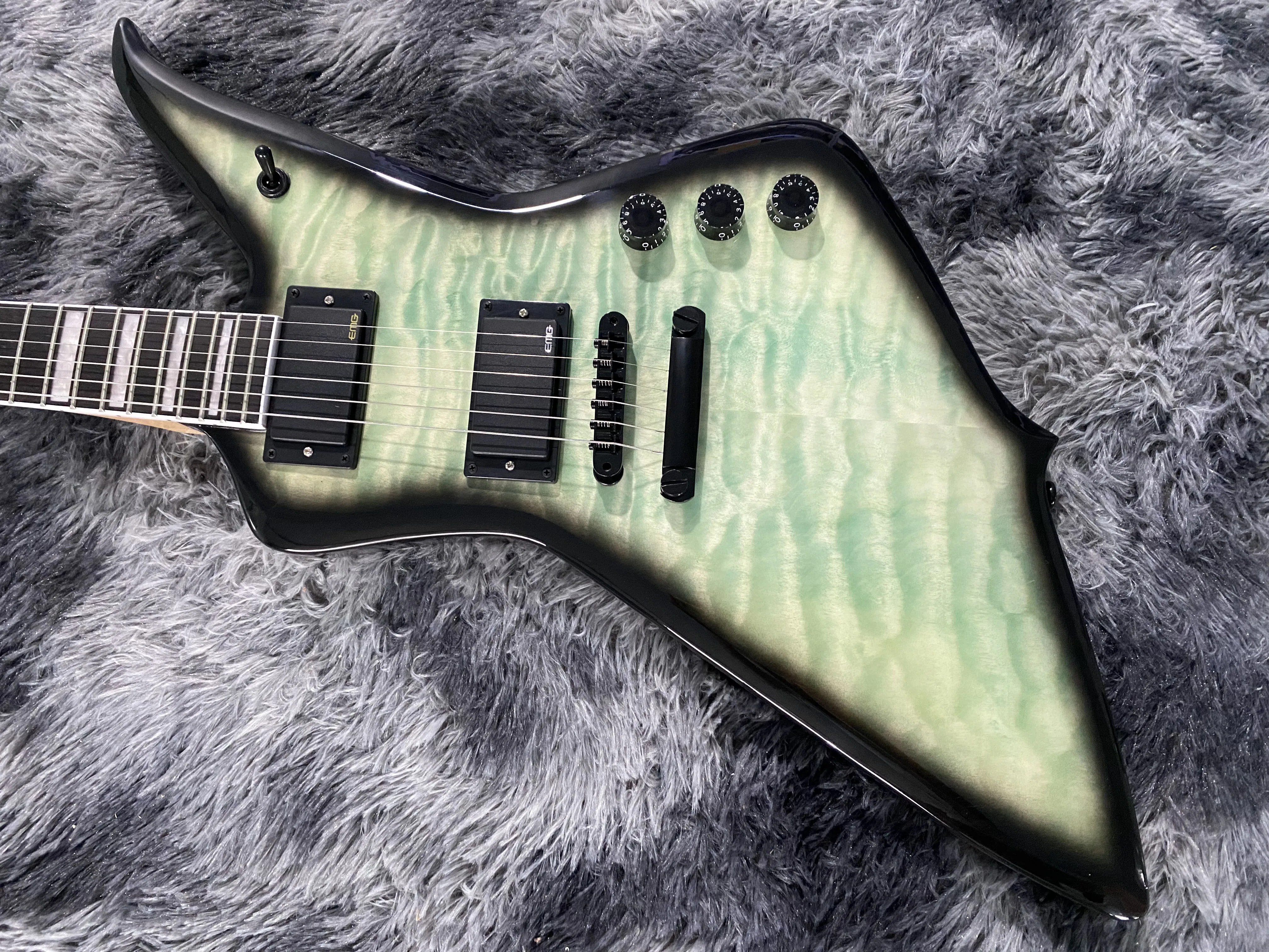 Chinese Electric Guitar Exploer Flame Maple Top Black Hardware Green Color Mahognay Body And Neck