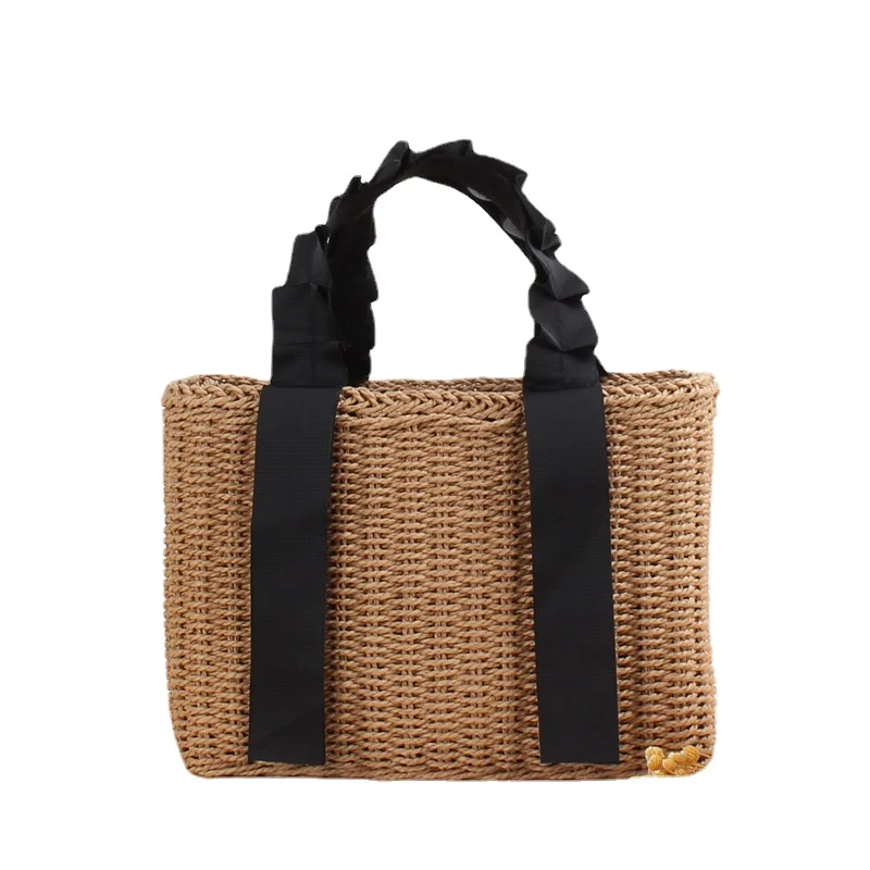 Sac à main tissé portable simple pour femme, série princesse japonaise et coréenne, sac en paille solide, sac de plage décontracté, nouveau