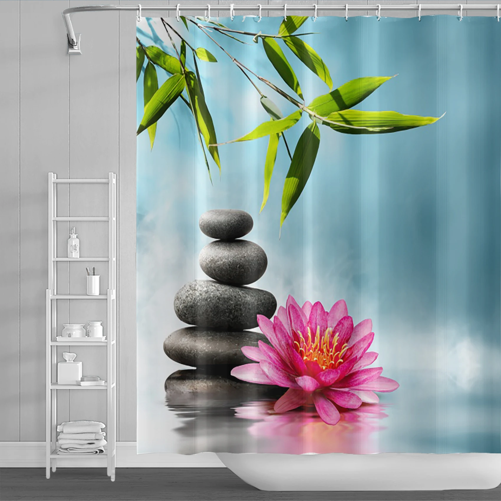 Zen Spa Lotus Japanese Meditation Shower Curtain Basalt Stones Herbal Oil Scent Candles Bamboo Water Home Decor Waterproof Set