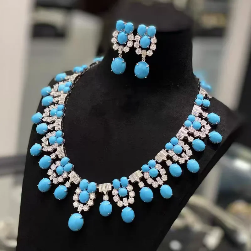 Bellux necklace earrings 925 sterling silver material synthetic turquoise zircon earrings luxury jewelry set evening party
