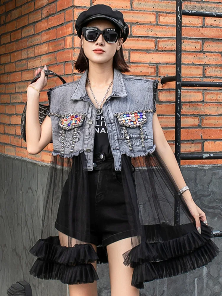 

Denim Panel Sleeveless Vest Fashion Trend Dark Grey Mesh Tops Rivet Sequined Turn-down Collar Jacket 2023 Summer Clothes