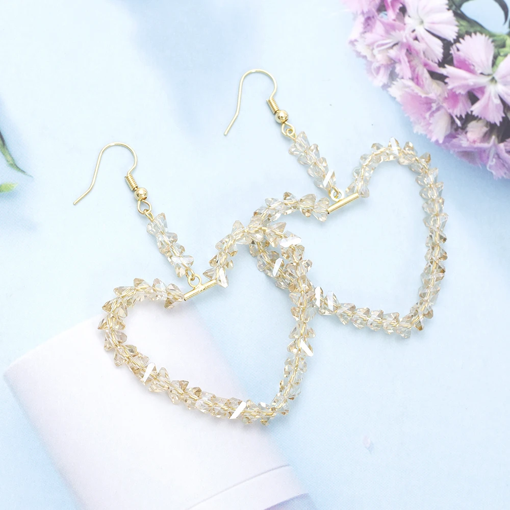 Shiny Glass Handmade Beaded Large Heart Earrings For Women Luxury Imitation Crystal Party Vacation Jewelry Wedding Decoration