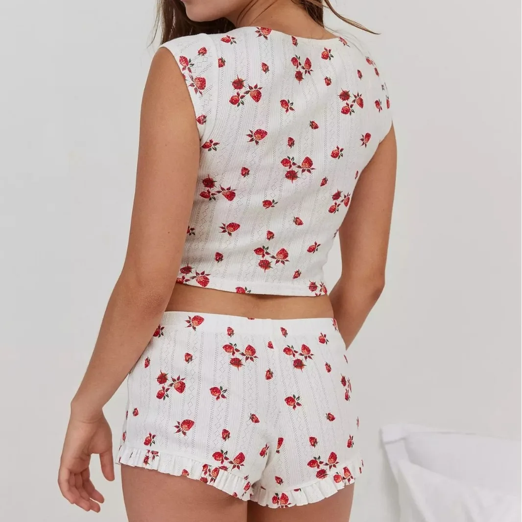 Sleepwear Women Pajama Set Heart Print Sexy Ribbed Bow Decor Round Neck Backless Crop Cami Top & Shorts Nightwear 2026 Summer