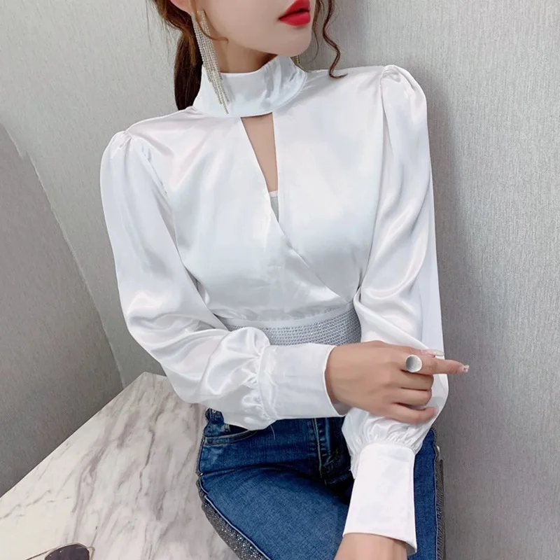 Chest Hollow Cutout Tops Women Korean Trendy Long Puff Sleeve Shirts Stand Neck Shirts Satin Silky Rainstone Luxury Tops Female