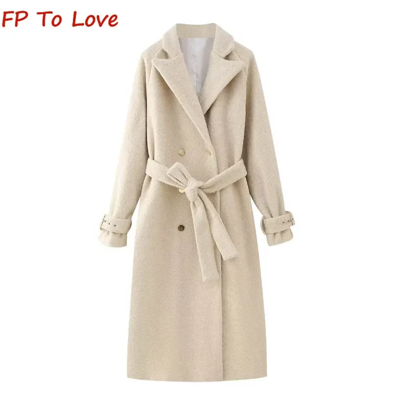 

2023 Autumn Winter Long Tweed Waist Tie Coat PB&ZA Woman Beige Lapel Double Breasted Coat