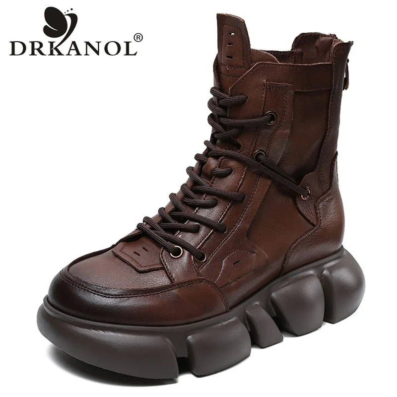 

DRKANOL 2023 Women Genuine Leather Mid-Calf Boots Luxury Design retro Style Autumn Winter Chunky Platform Wedges Heel Warm Boots