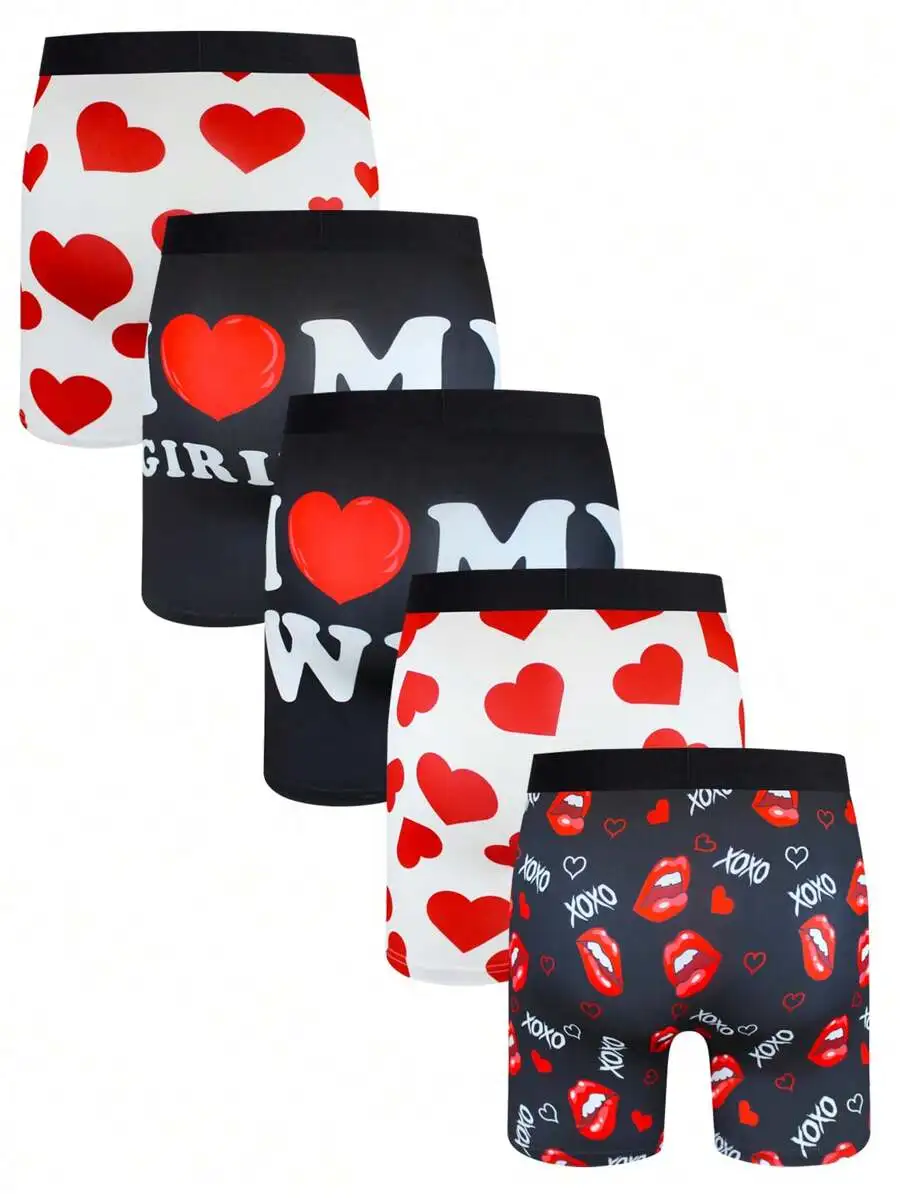 

5 Pcs Mens Valentines Day Printed Boxer Shorts With Hearts Lips And XOXO