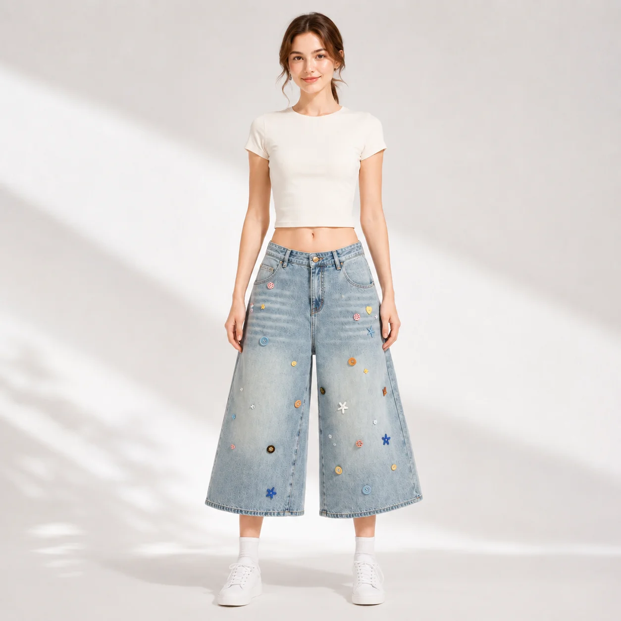 Women Low Rise Wide Leg Jeans Vintage Washed Light Blue Cropped Denim Culottes Embellished Casual Summer Capri Pants