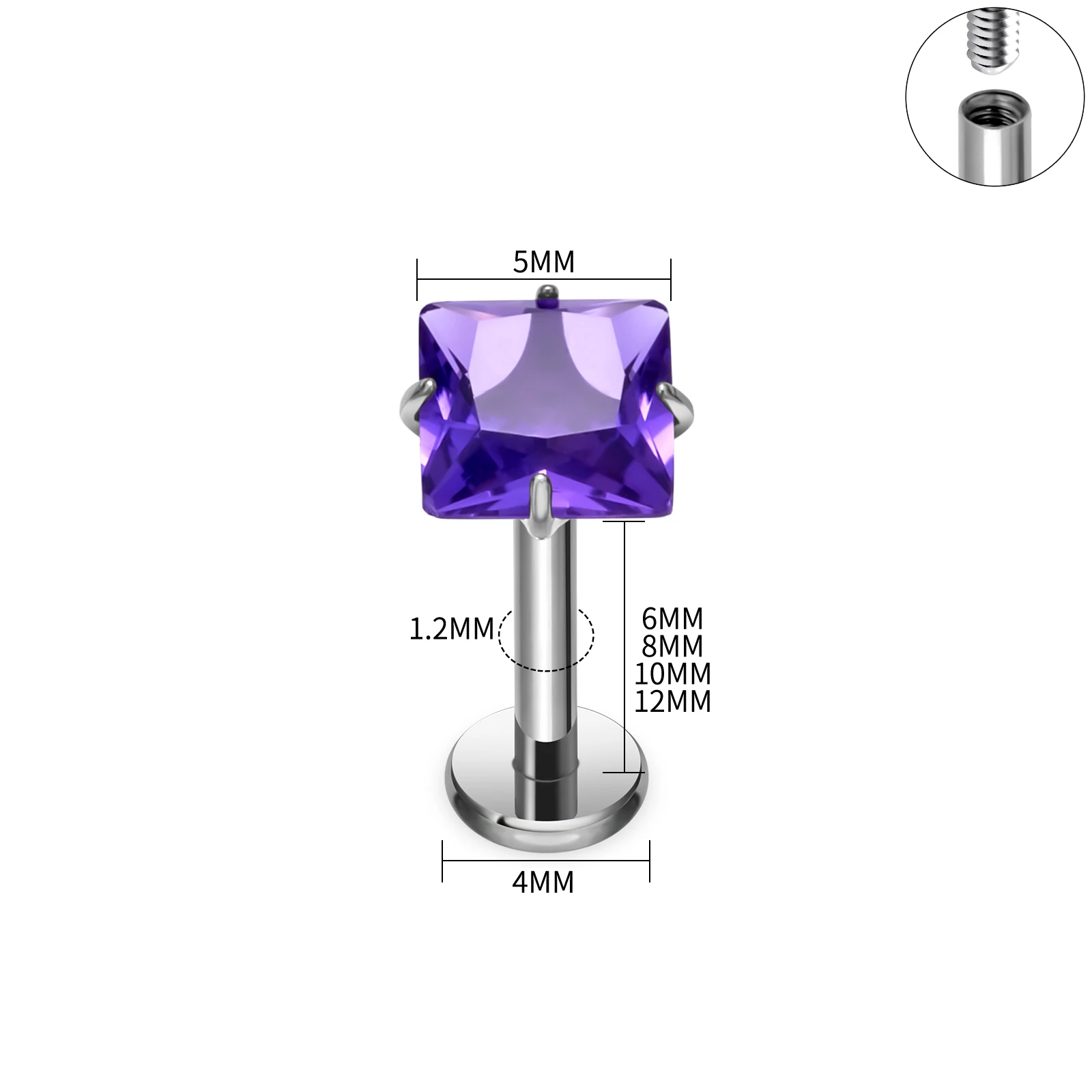 ASTMF136 Titanium Purple Crystal Cartilage 16G Earring Flat Back Labret Helix Stud Earlobe Body Piercing Jewelry Hypoallergenic