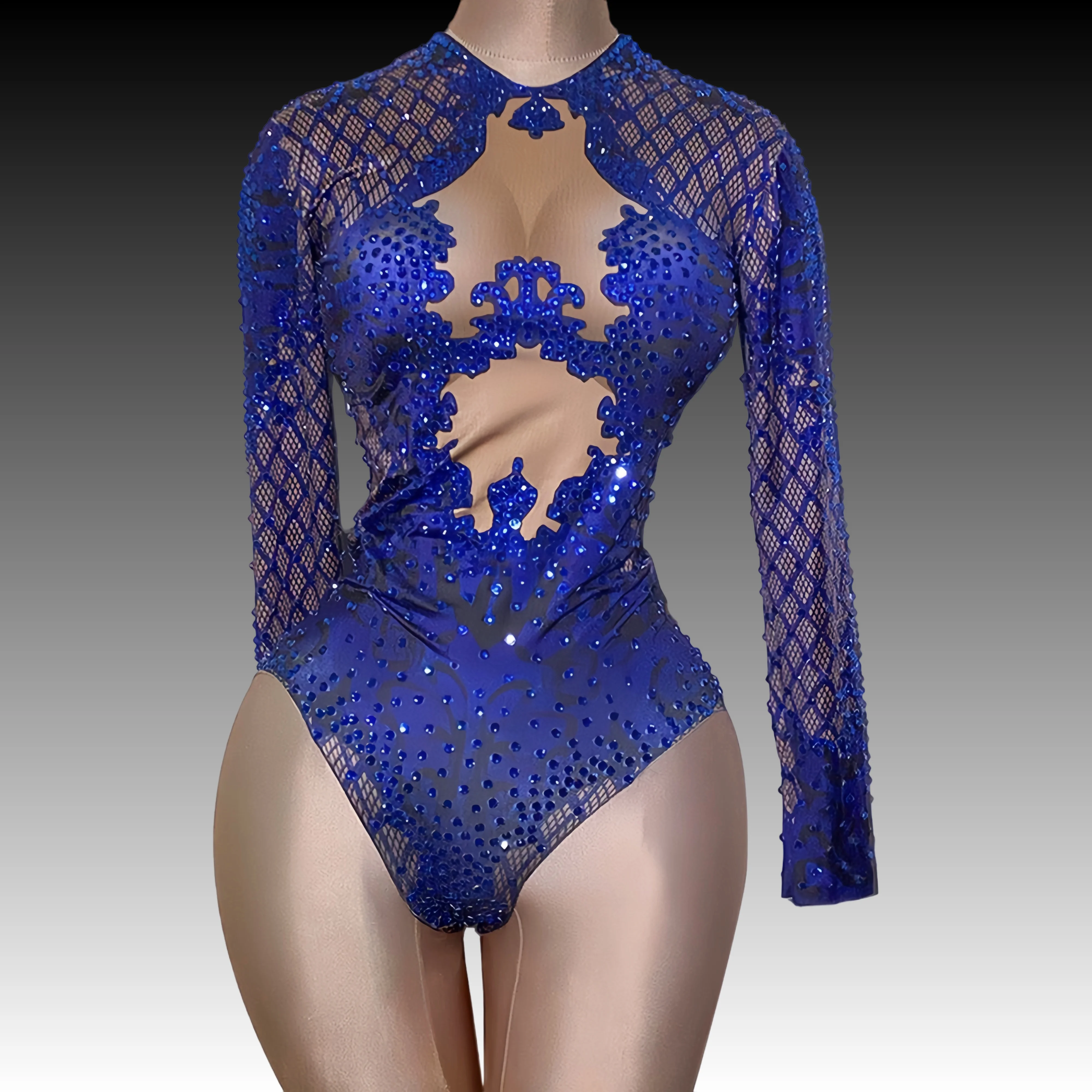 

Sparkly Rhinestones Blue Leotard Sexy Mesh See Through Performance Dance Bodysuit Show Stage Wear Sexy Nightclub Party Outfit