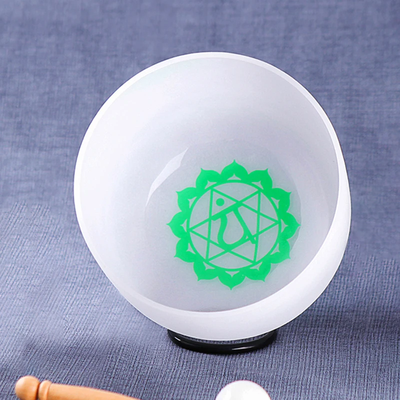 

Hye-eun 432hz F Note Heart Chakra 9 inch Base Chakra Pattern Frosted Quartz Crystal Singing Bowl for Sound Healing