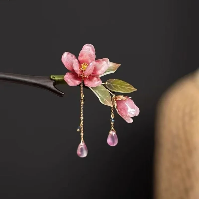 

Elegant Floral Hair Sticks Forks Ancient Chinese Style Wooden Hairpins Side Clips Beads Pendant Decor Chignon Hair Jewelry