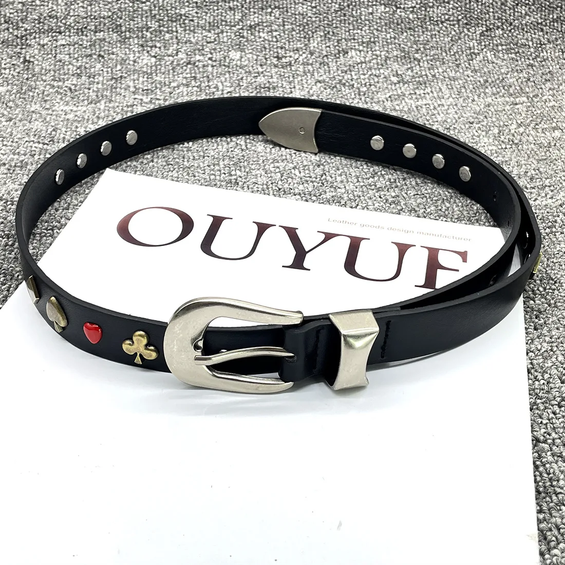 Punk Metal Belt with Playing Cards Design -Vintage Distressed Unisex Rivet Waistband for Men&Women,Heart Adjustable Pants Strap