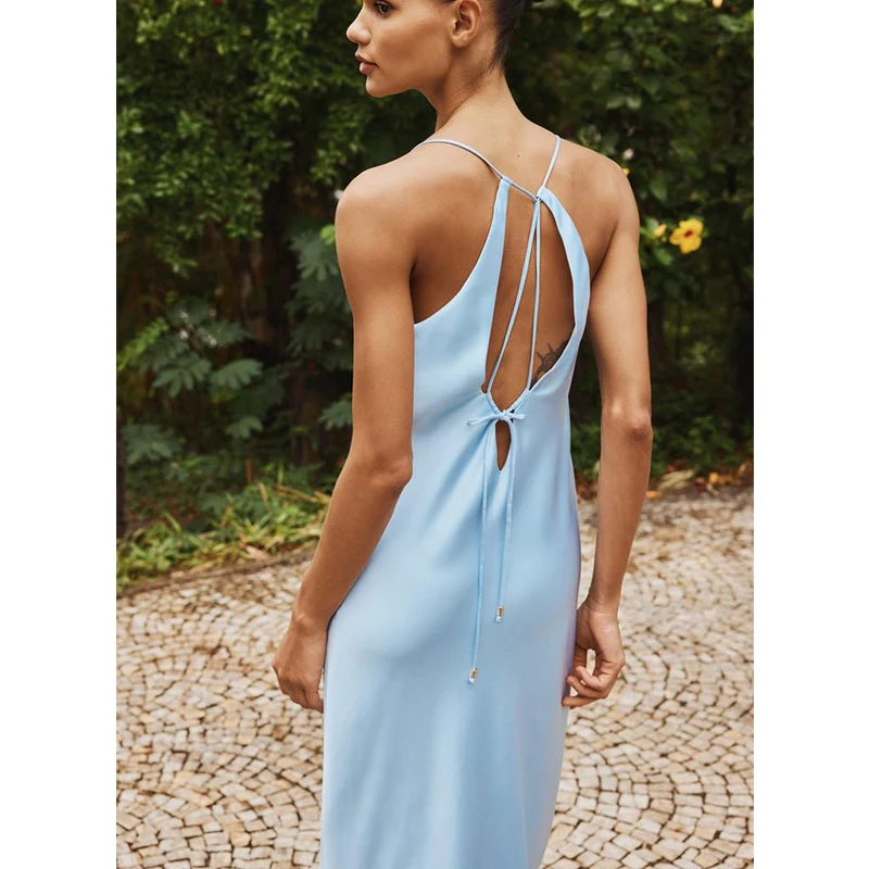 Letnia Nowa Damska Sukienka Midi z Dekoltem w Serek, z Efektem Jedwabiu i Satyny, z Wąską Talia, Długa Spódnica, Suknia