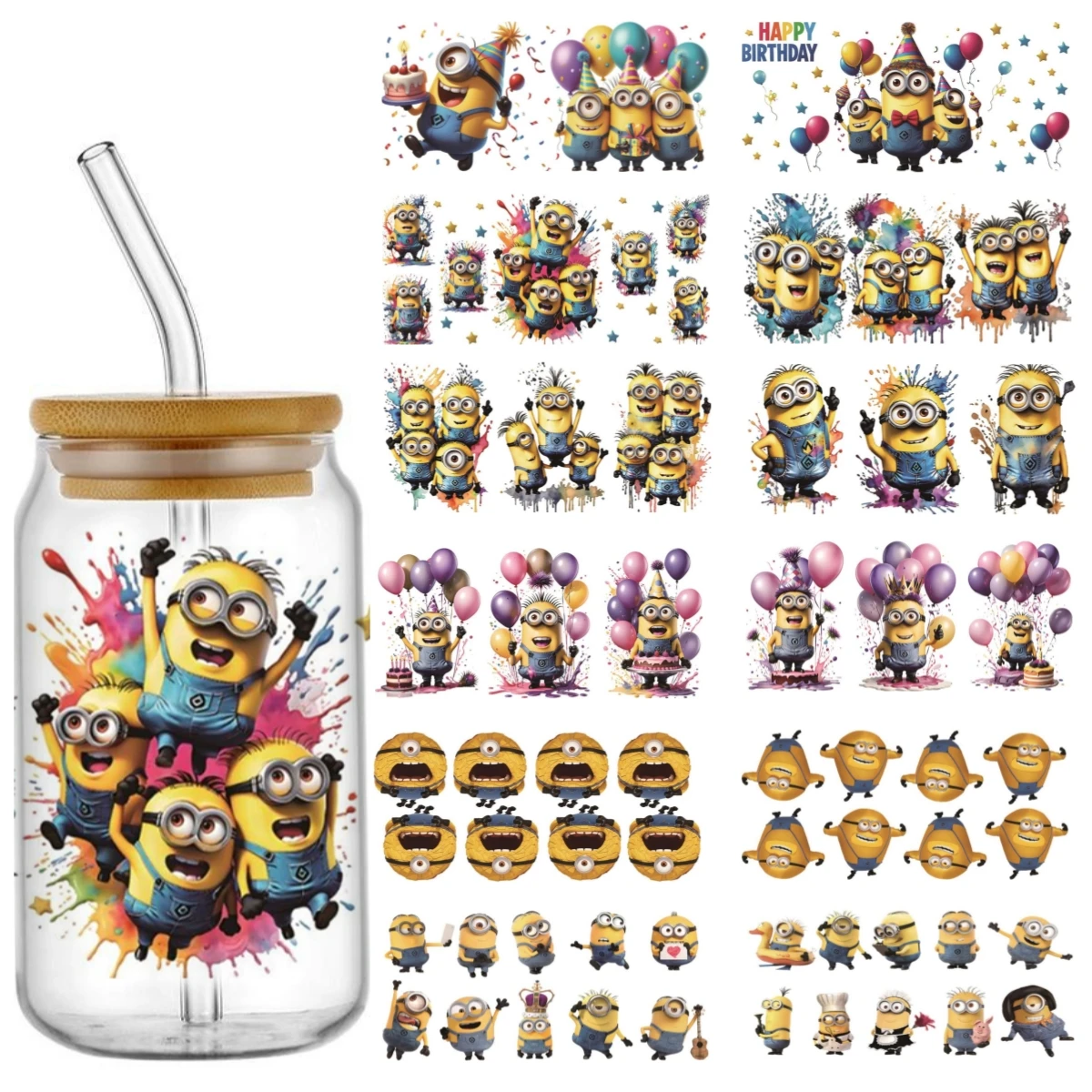 Miniso Minions pattern UV DTF Cup Wrap 16oz Libbey Glass Beer Can DIY Sticker Selfadhesive Washable