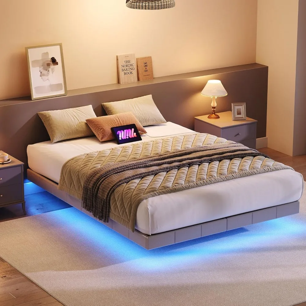 

Full Size Upholstered Platform Bed Frame with LED Lights and Charging Station, Modern Metal Design