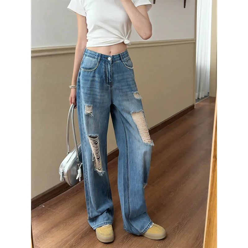 Pearl Embellished Women's Jeans 2026 Summer High Waist Ripped Wide Leg Pants American Style Fabric Drape Loose Denim Trousers