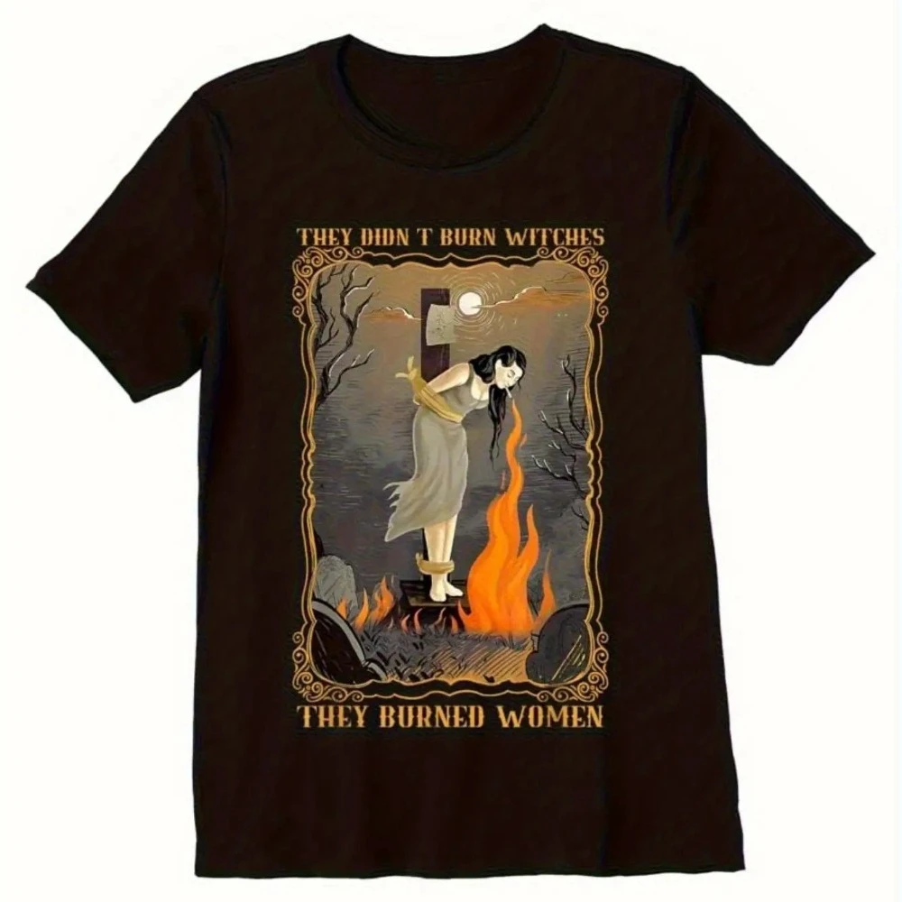 Camiseta unisex para hombre con estampado de brujería y brujas quemadas, camiseta de algodón negra con estampado en negrita y fuente vintage, camiseta de manga corta con cuello redondo y corte ajustado