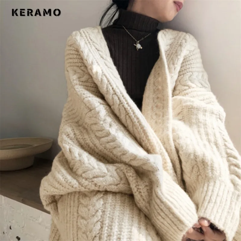 Women\'s Vintage Solid Color Knitting Long Sleeve V-neck Baggy Cardigans 2023 Winter Fashion Casual Oversized Sweater Top