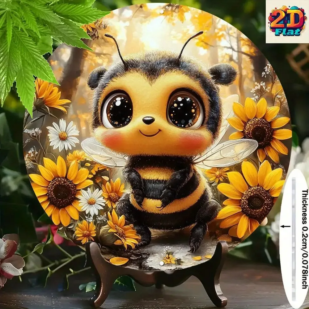 2D Flat - A Two-Dimensional Aluminum Wall Ornament Featuring an Adorable Big-Eyed Bee Perched on a Sunflower, Encircled by a Wre