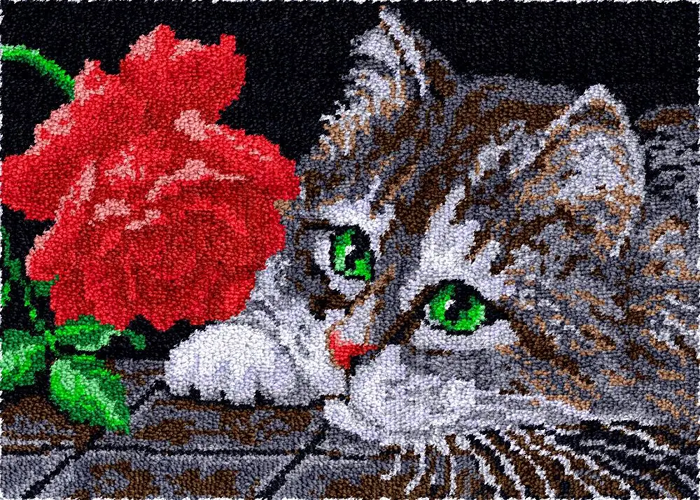 

Latch hook rug making kits Carpet embroidery with printed Cat Flowers Knotted carpet diy Bag plastic canvas Embroidery crochet