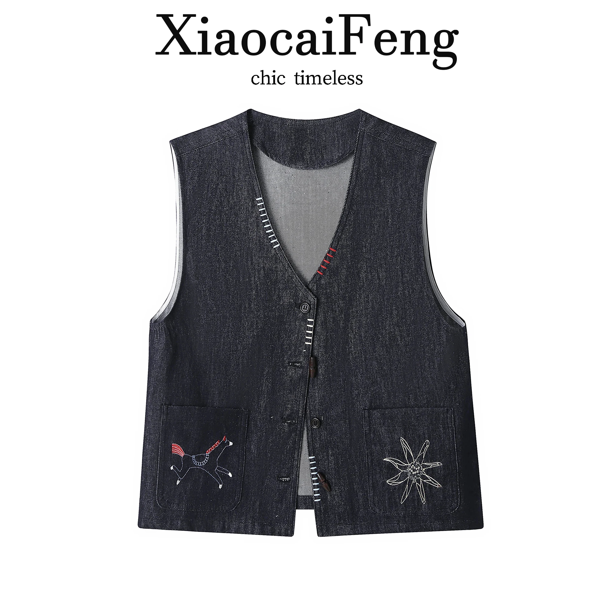 

Retro Japanese Style Embroidered Denim Vest Women's Spring Summer Loose V-Neck Sleeveless Patchwork Tank Top Thin