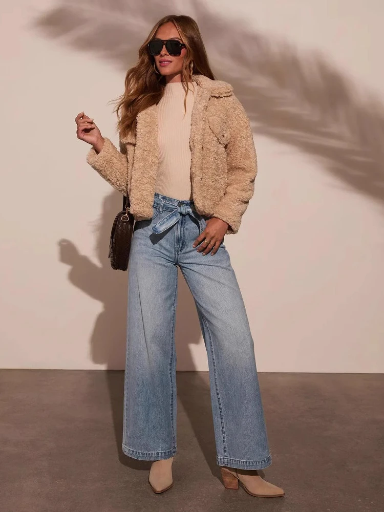 

25 Year Summer Fashion Street Commuting Style Women's High Waisted Strap Retro Washed Straight Leg Wide Leg Jeans