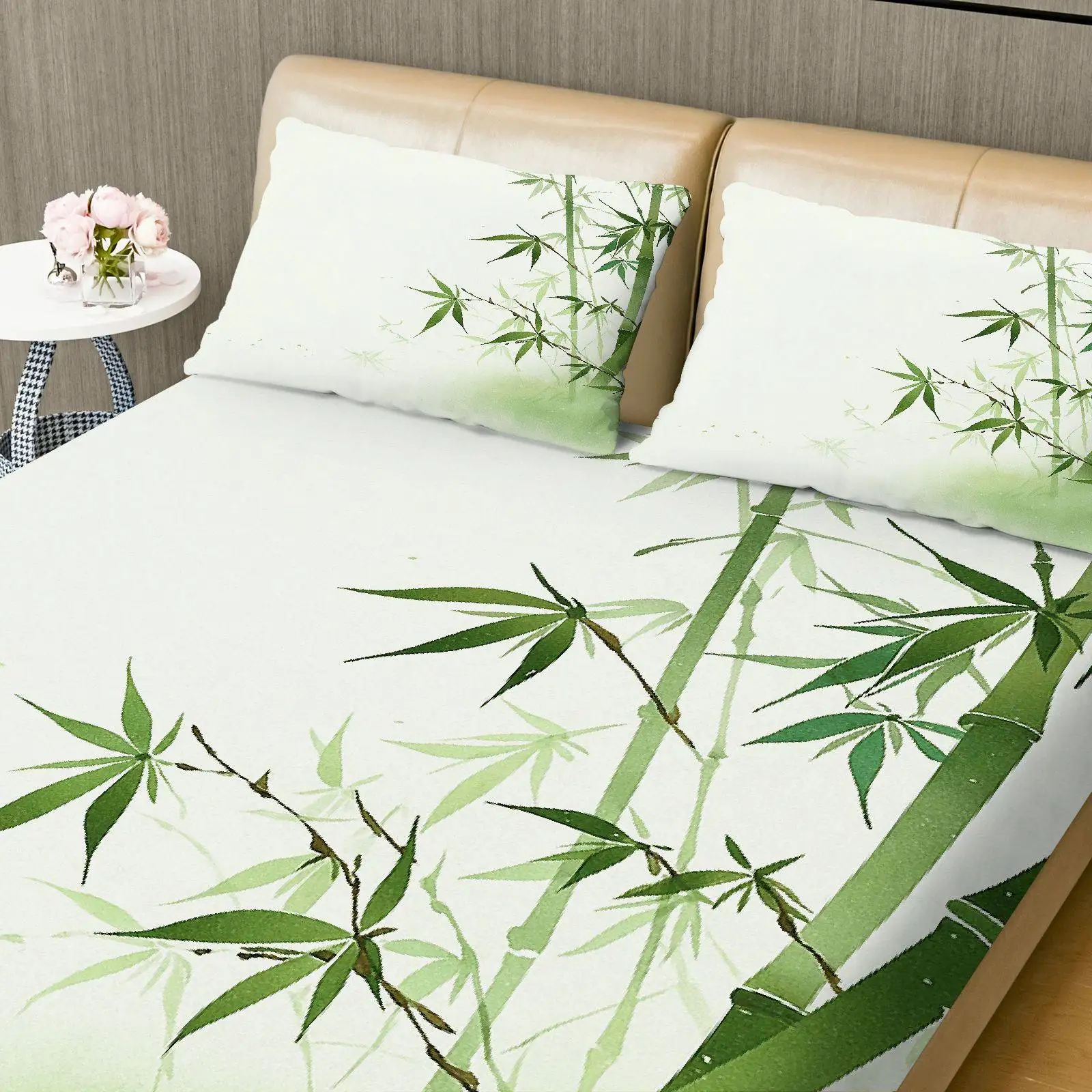 3-Piece Mattress Protector Set, 2D Flat Printed Fitted Sheet, Natural Green Fitted Sheet Set with Bamboo Pattern, Mattress Protector, Home Bedroom Decoration, Holiday-Themed Fitted Sheet and Pillowcase Set, Mattress Protector, Stain-Resistant, Suitable for All Seasons, Machine Washable, Easy to Care For, Universal for Home Bedrooms, Essential for Dorms and Rentals, Master Bedroom and Guest Room Decoration, Dust-Proof and Stain-Resistant, High Elasticity, Fits Various Sizes