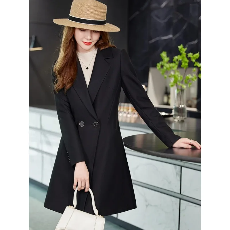 Women Suit Long Blazer Apricot Black Solid Office Ladies Female Work Wear Formal Jacket Coat Outfit