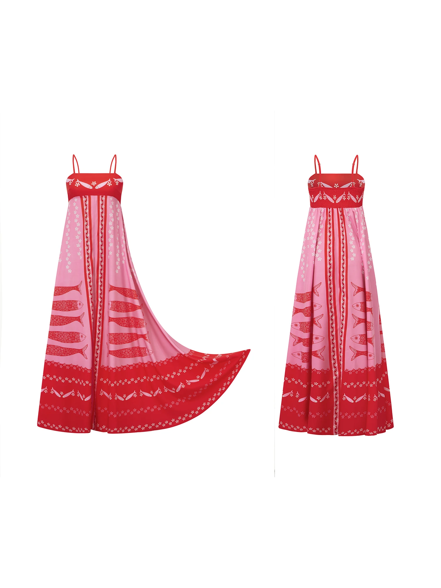 فستان نسائي طويل بدون أكمام مع طباعة سمكة استوائية وحزام سباغيتي فستان كامي لأزياء الصيف والملابس غير الرسمية