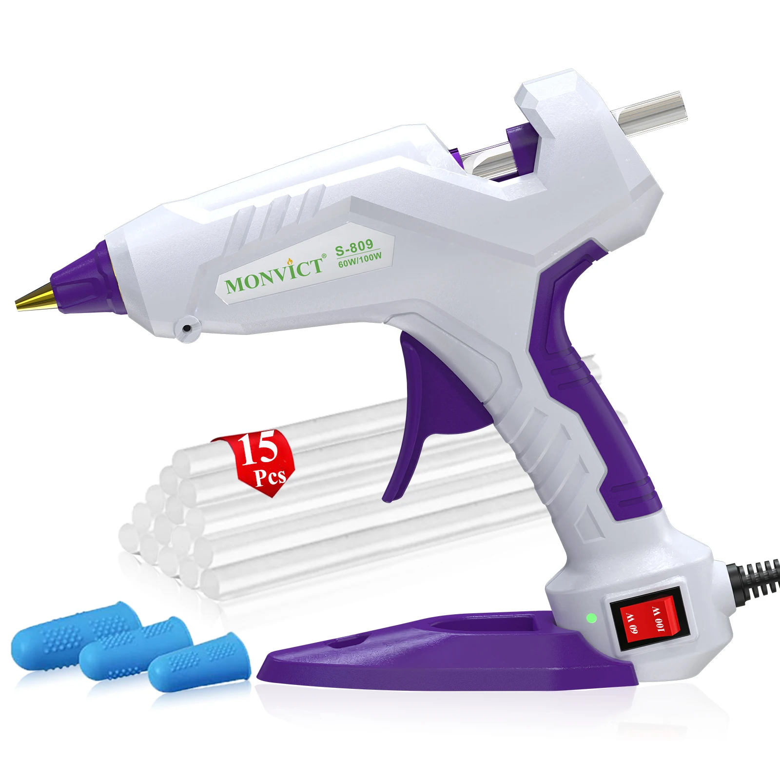 60/100W Full Size Hot Glue Gun (US) with 15Pcs Glue Sticks 11*150mm, 3 Finger Protectors Base Stand Heavy Duty Glue Gun for Home