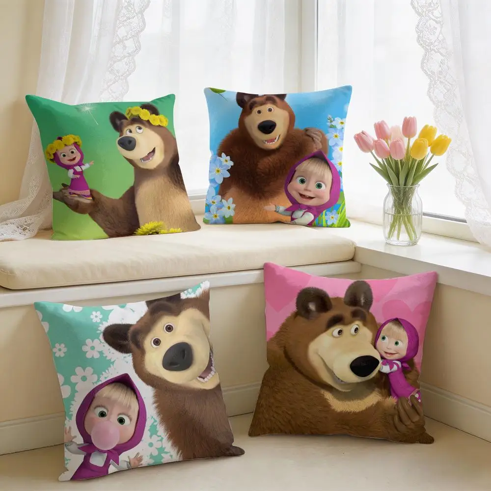 M-Masha And B-Bear Cushion Cover Square Short Plush Pillow Case Living Room Sofa Home Decor Funda 40X40