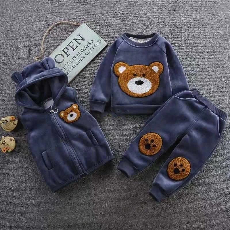 Plush Lined Kids Tracksuit Outfit Warm Hooded Vest + Thicken Cartoon O Neck Tops + Boys/Girls Jogger Pants Winter 3 Piece Sets