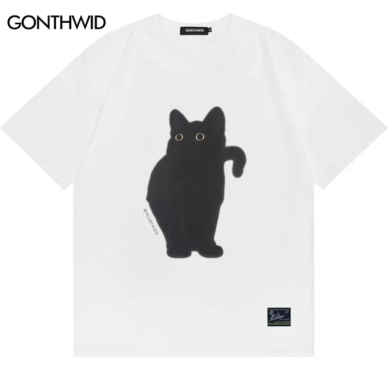 2024 Harajuku Tshirt Hip Hop Cute Black Cat Graphic Print Streetwear T Shirts Men Women Summer Fashion Short Sleeve Cotton Top