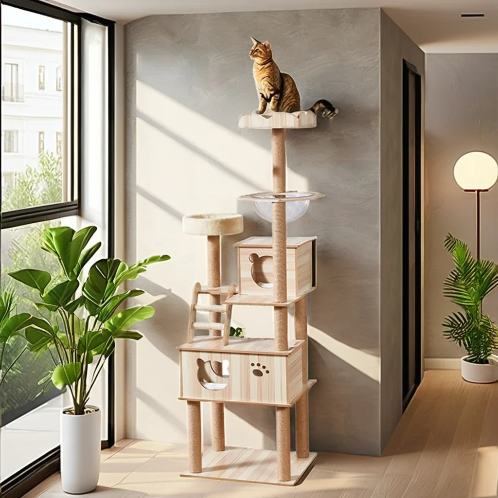 Sustainable Six-Level Luxury Cat Scratcher Environmentally-Friendly All Seasons Universal Bed Wood Space Capsule-Inspired