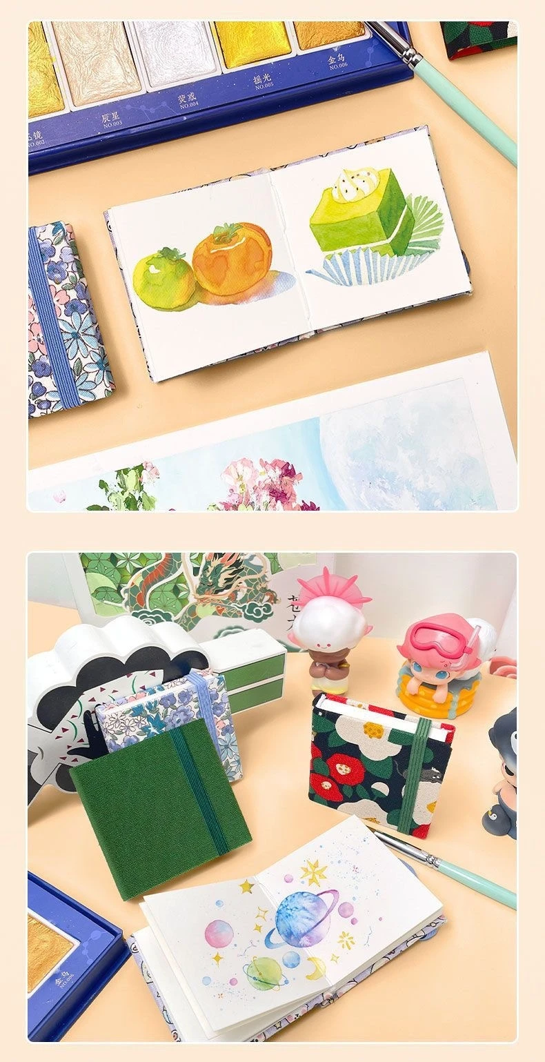 Tragbares Mini-Aquarell-Skizzenbuch mit Stoffbezug, quadratisches Zeichenhandbuch, handgefertigtes Stoff-Aquarellbuch, feine Textur, Zeichenbuch – Detail 13