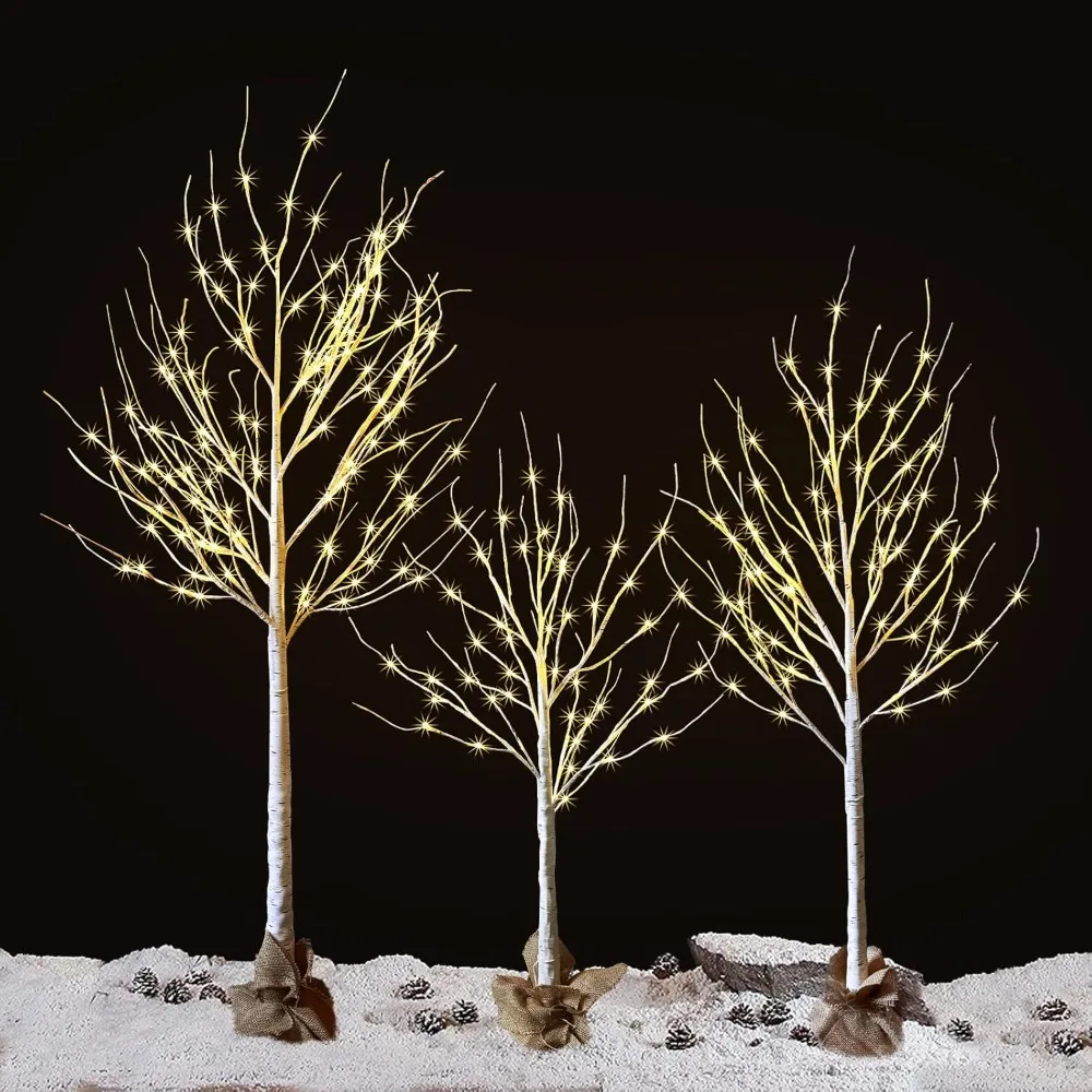 Halloween Decoration, 3 Packs Lighted Brich Tree, 4FT 56 LED/5FT 72 LED/6FT 128 LED, Powered, Halloween Decoration