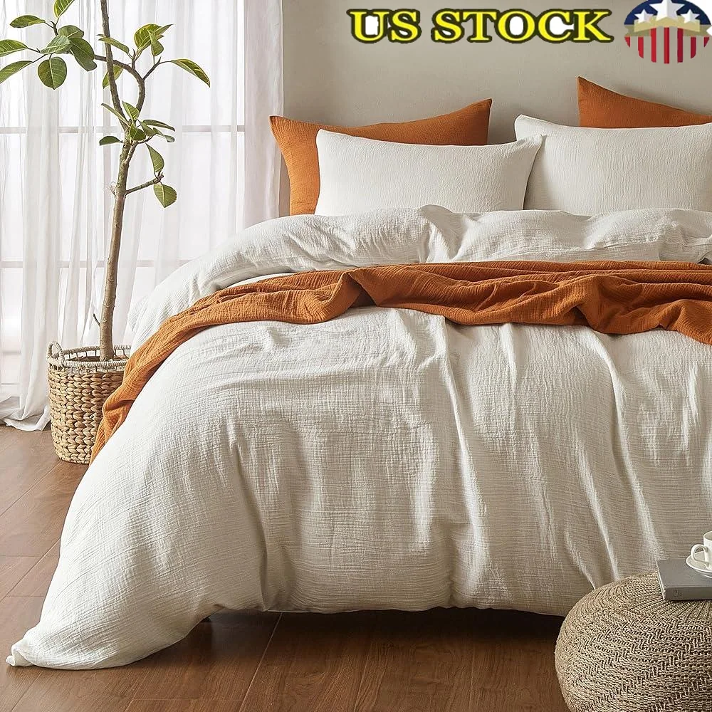 

100 Cotton Muslin Duvet Cover Set Ultra Soft Skin Friendly Breathable Comforter Cover Machine Washable Hidden Zipper Fitted