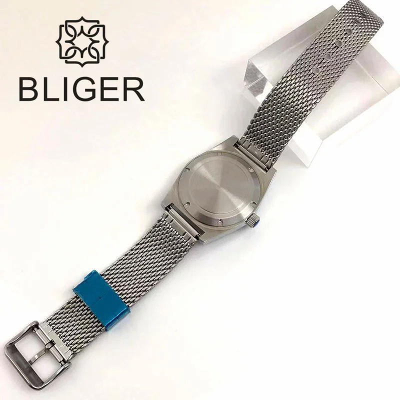 BLIGER Classic Mechanical Wristwatches 39mm Men Watch NH35 Movement Mesh Band Brushed Fixed Bezel White Dial Green Luminous Date