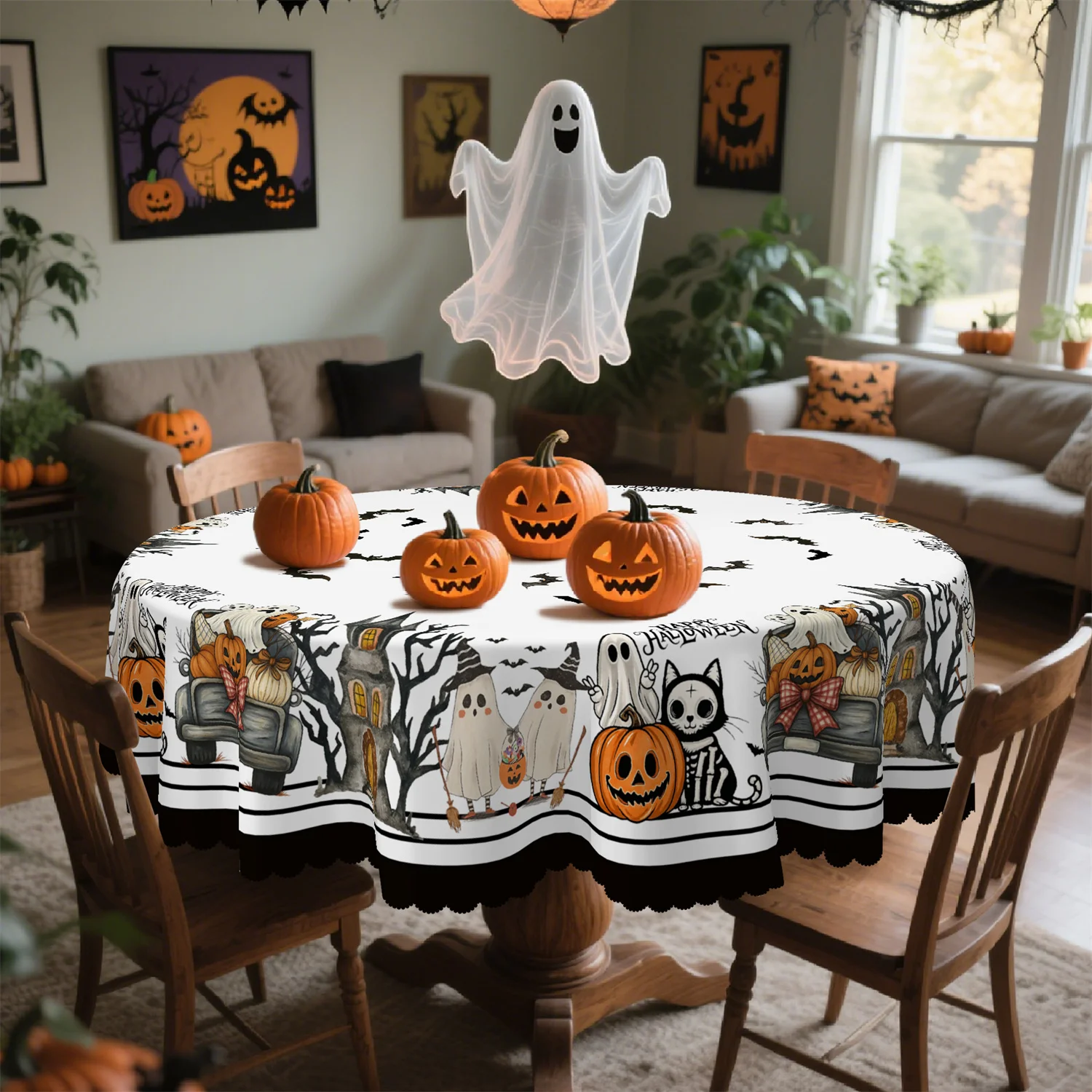 Striped pumpkin ghost cat truck dead tree bat Halloween tablecloth 1 pack suitable for kitchenzyv