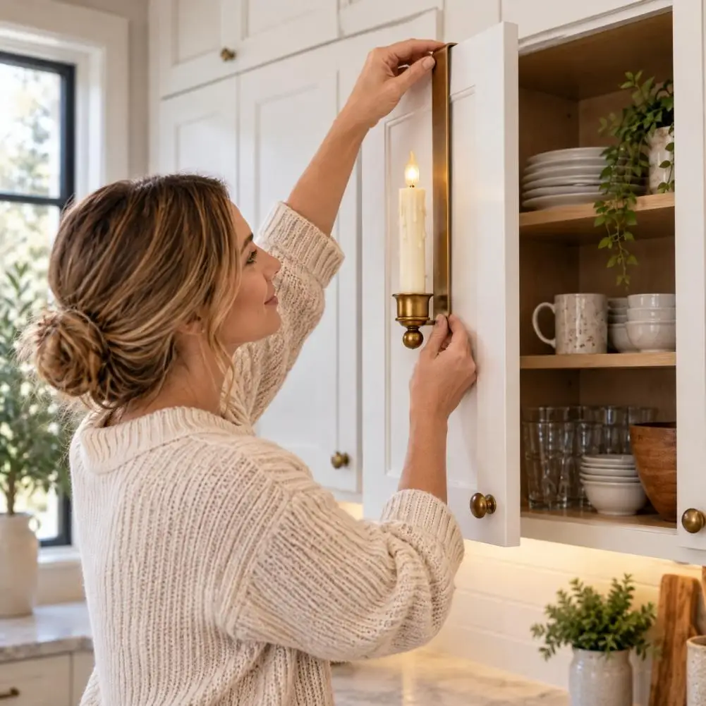 Farmhouse Cabinet Hanging Metal Candlesticks Vintage Brass Led Taper Candles Battery Operated Flameless Flickering Lights Wall