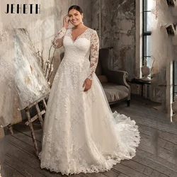 JEHETH Plus Size Bride Gowns Long Sleeves V-Neck Lace Up Wedding Dresses For Woman Lace Applique A-Line vestidos de novia Custom