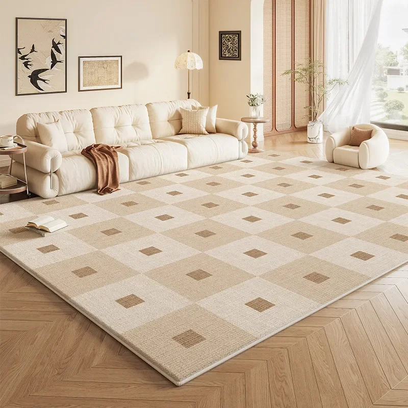 Cream Style Carpets for Living Room Light Luxury Bedroom Decor Carpet Plaid Pattern Bedside Plush Rug Soft Home Thick Floor Mat