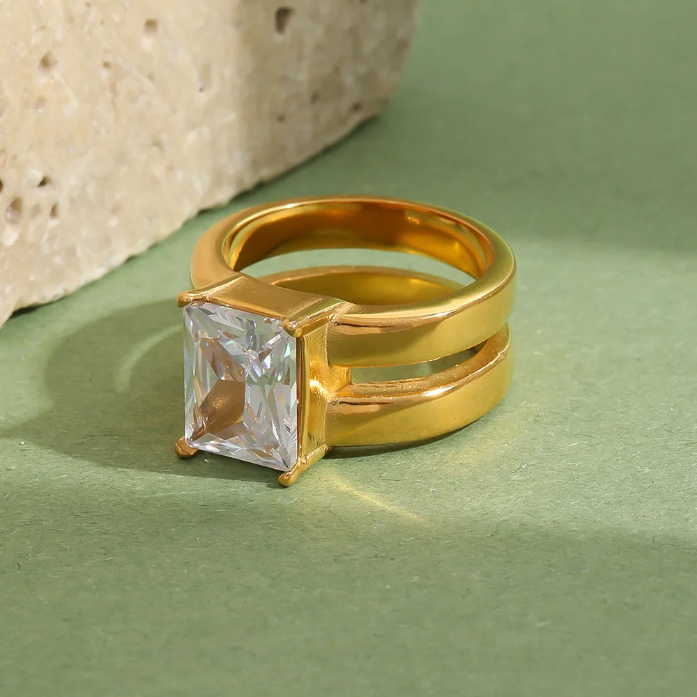 Stainless Steel Ring Hypoallergenic Luxury Square Zircon Double Layer Wide Finger Rings High Quality Jewelry Gifts for Women