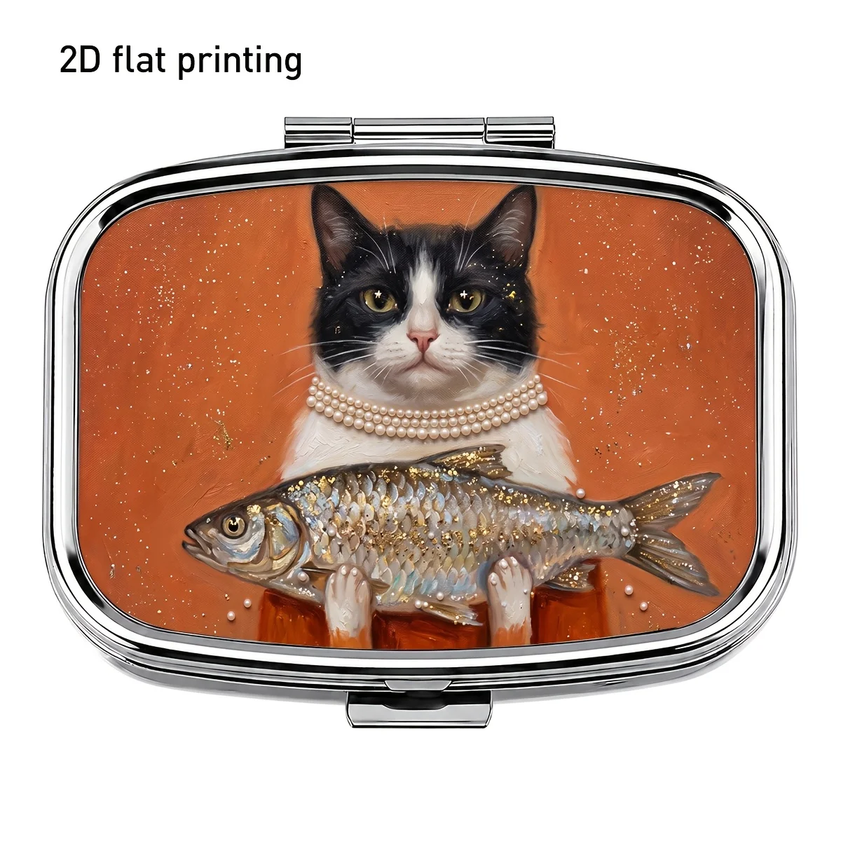 Flat Print Design, Black and White Cat Holding Fish and Pearl Necklace Theme Square Metal Pill Box, Two-Compartment Portable Storage for Small Items, Humorous and Vintage Style, Neatly Organizes Medicines, Vitamins, and Jewelry, Compact and Space-Saving, Suitable for Business Trips, Travel, and Daily Carry, Exquisite and Durable Gift