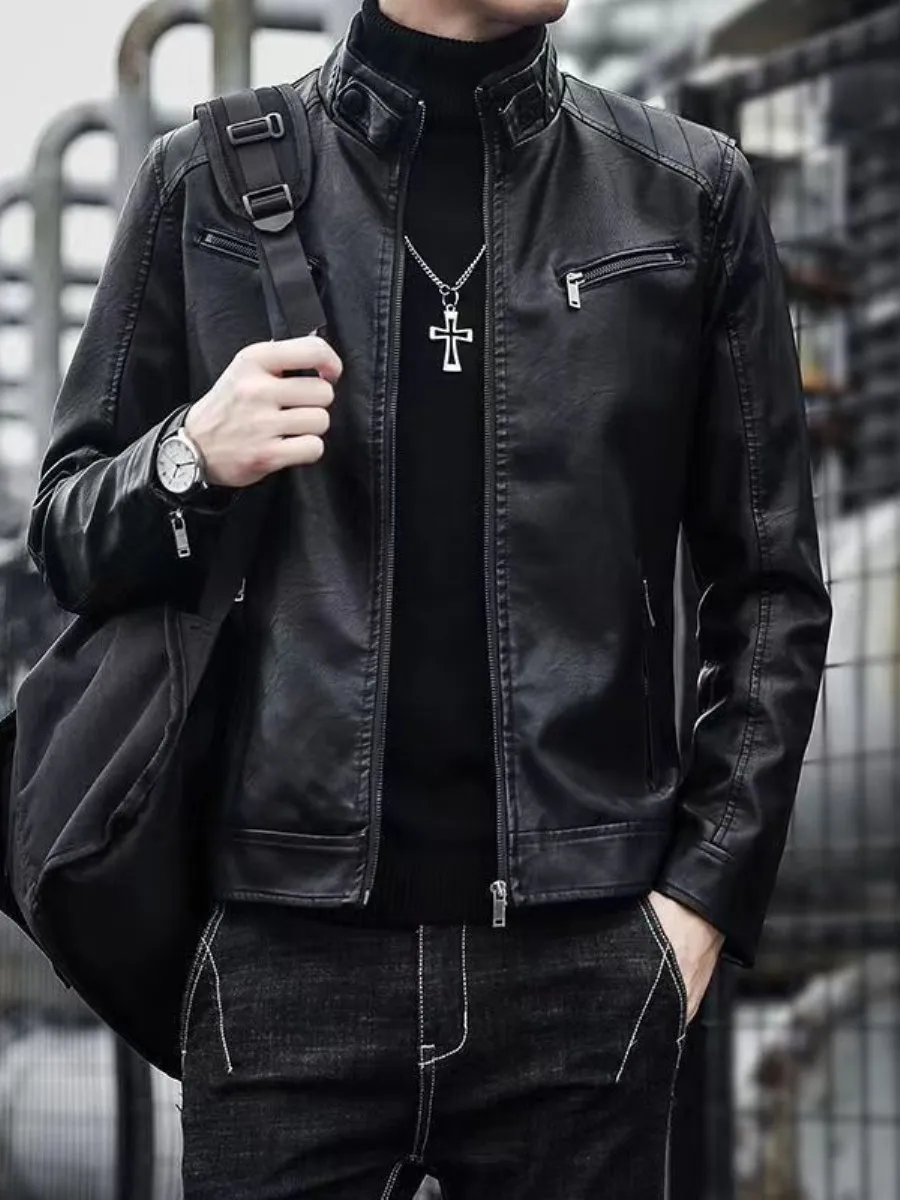 

Мужская кожаная куртка утепленная, осенне-зимняя, теплая, модная, в мотоциклетном стиле, с тонким флисовым подкладом, весенне-осенняя верхняя одежда