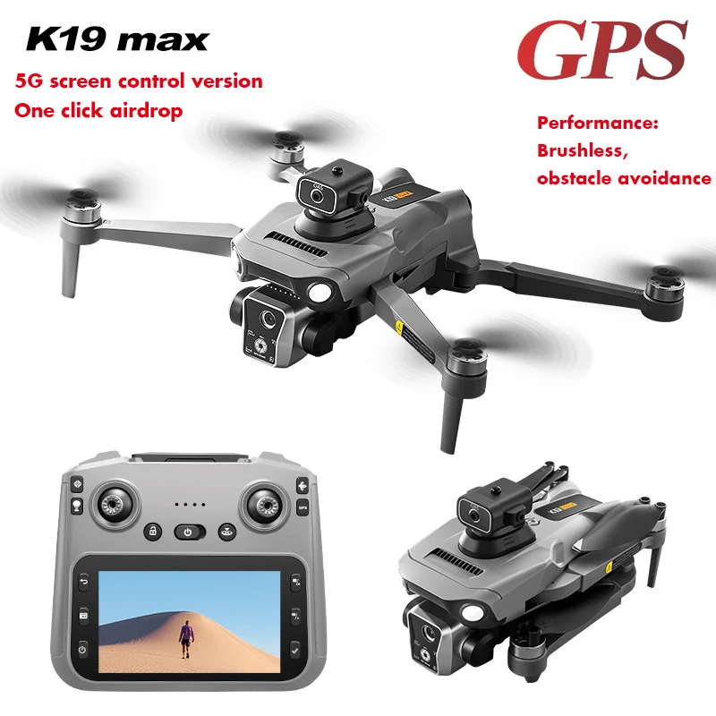 K19 Max GPS Drone Dual Camera 5G FPV Transmission Brushless Remote Control Aerial Photography Airdrop 4.5 inch Screen Display