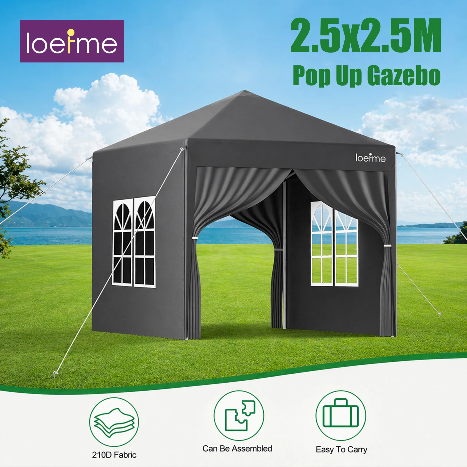 Carpa Plegable LOEFME 2.5x2.5M, Impermeable, Resistente al Viento, Portátil, con 4 Lados de Tela, para Picnic, Fiestas y Camping