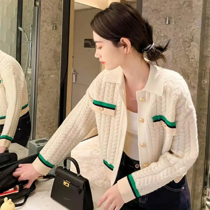 Women Sweater Autumn Winter Turn Down Collar Korean Fashion Style Cardigan Long Sleeve Elegant Y2K Top